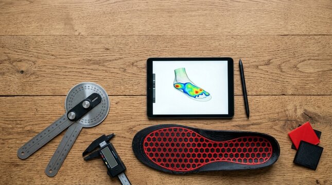 Orthotics lab with foot pressure map on tablet, sole, caliper, and protractor