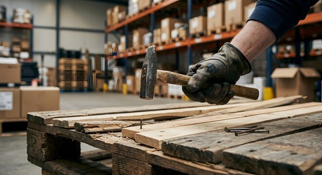 Old hammer and gloves in workshop