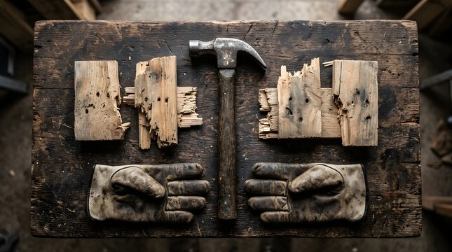 Old hammer and gloves in workshop