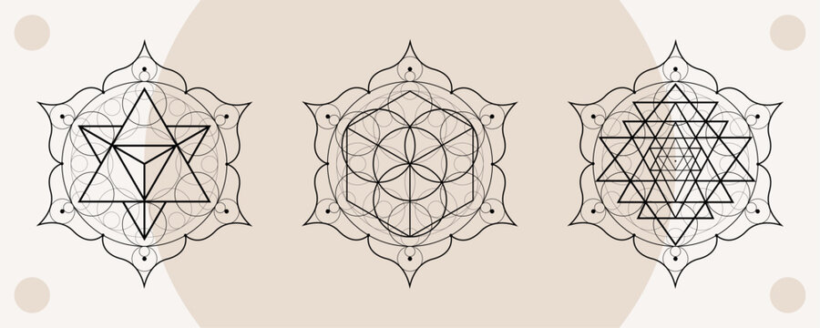 Merkabah, Flower of Life, Sri Yantra, set of Mystical simbols, Sacred Geometry. Collection of esoteric spiritual icons on Lotus flower mandala, logo tattoo, vector isolated on white background