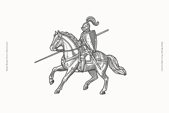 Hand-drawn vintage illustration of a medieval knight on horseback with lance and shield. Engraving style artwork ideal for history books, heraldry, branding, educational materials, and prints.