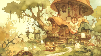Fototapeta premium Whimsical illustration of a fairy tale mushroom house surrounded by lush greenery, mushrooms, and a tree swing in a magical forest setting