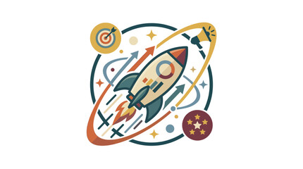 Retro rocket ship space exploration badge with planets and stars. © 602