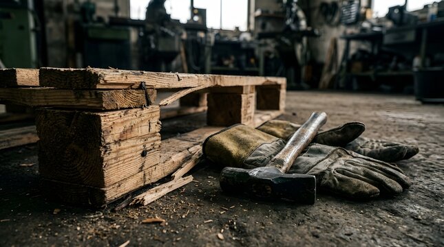 Old hammer and gloves in workshop