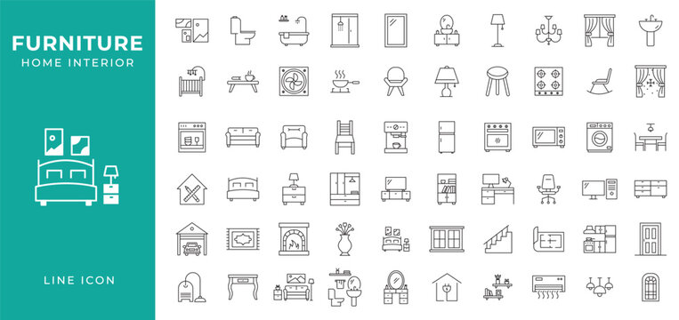 Furniture and home interior outline icon set vector collection