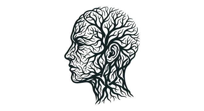 Human head silhouette filled with tree branches black and white illustration