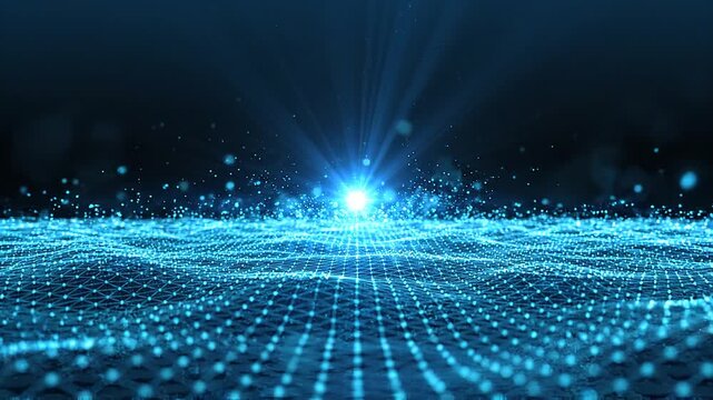 Dark background with blue digital grid. Light source glows intensely at center. Particles float and shimmer gently. Futuristic tech animation loops seamlessly. Smooth movement through digital space.