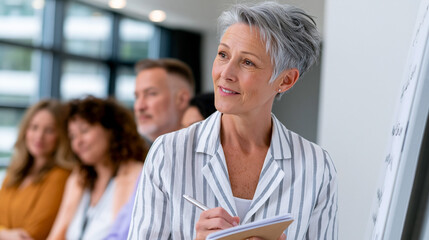 Fototapeta premium Confident mature businesswoman leading corporate training session with diverse team in modern office promoting leadership communication and professional development