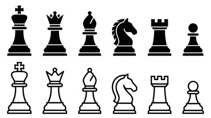 Complete Set of Black and White Chess Pieces Silhouette, isolated white background. © paijo