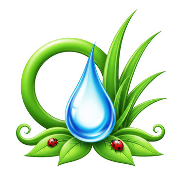 Water droplet surrounded by green leafy plant and ladybugs illustration design