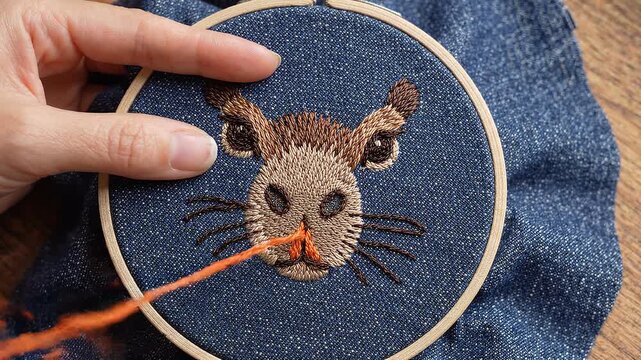 Person embroidering a rabbit face on denim fabric with orange thread and hoop