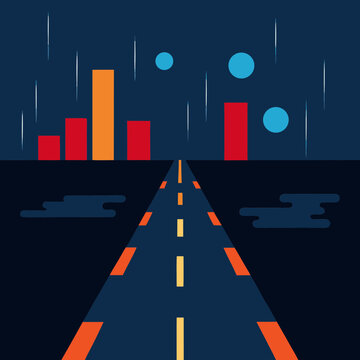 Futuristic Highway Traffic Data Visualization with Rising Bar Graphs and Speeding Cars at Night
