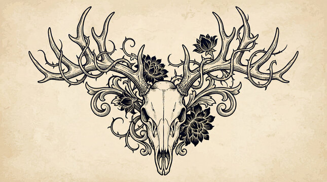 Vintage deer skull with antlers and floral design on textured background