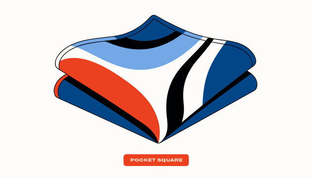 Very beautiful close-up realistic vector of a POCKET SQUARE featuring neatly folded fabric, elegant patterns, vibrant colors, and sophisticated menswear styling, isolated on white background, with a 