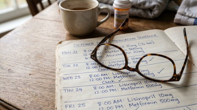 Daily Regimen: A pair of tortoise-shell glasses rests on an open medication schedule, a cup of coffee and a pill bottle nearby, signifying a structured routine for health management.
