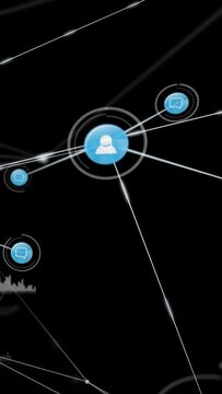 Vertical video: Central blue node appearing, animating and linking chat while mapping net, panning