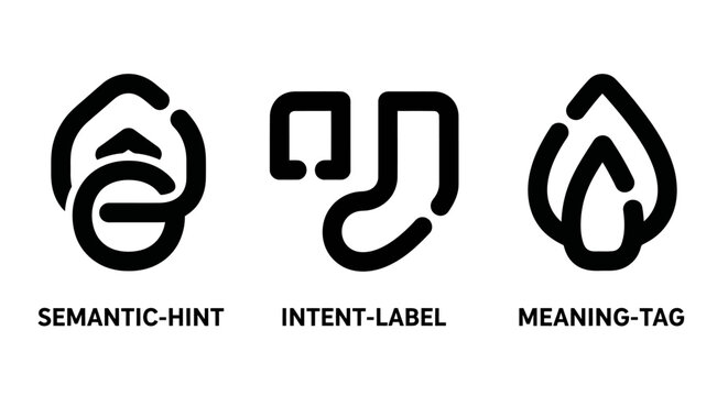 Set of abstract outline icons for semantic and intent analysis with semantic analysis processing information language communication technology graphical understanding interpretation software