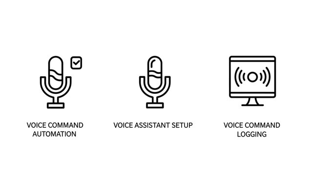 Set of voice command and automation technology icons with automation assistant microphone technology graphical artificial intelligence recognition interface software application computer