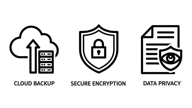 Set of digital security and data privacy icons for cloud backup and encryption with security encryption protection technology information internet management business document identity