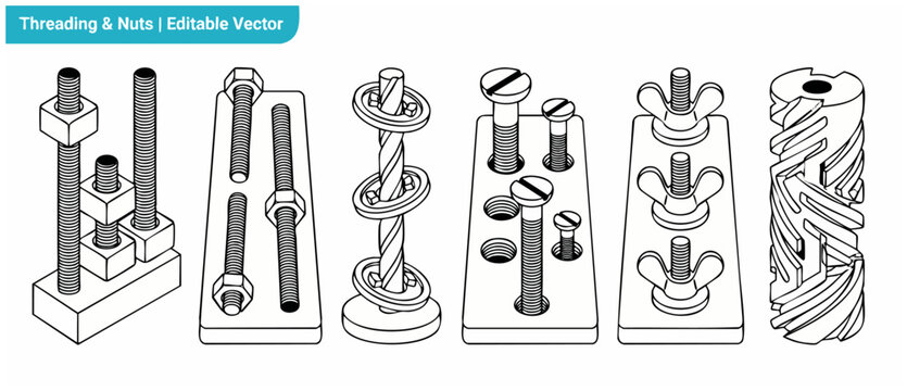Screw thread vector bolt nut set with mechanical hardware parts, showing isometric fasteners, washers, threaded rods, and wing nuts on plates for engineering design. Minimalist outline blueprint art.