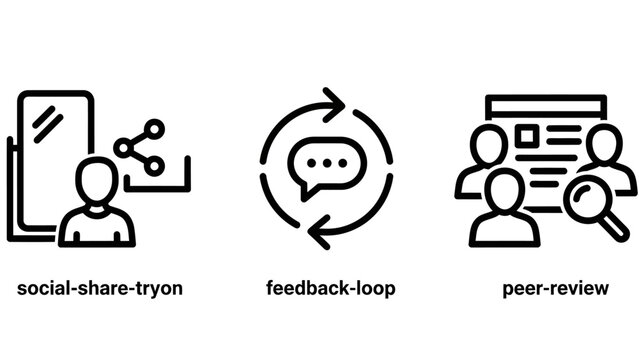 Digital communication icon collection including social share try on feedback and peer review process with communication feedback evaluation interaction collaboration business improvement