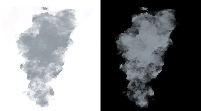 Atmospheric gray smoke plume on white and black background, thick vapor cloud texture, realistic steam and fog effect for compositing