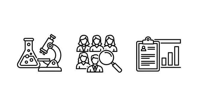 Business analytics and research icons featuring a microscope workforce analysis and personal performance chart assessment analytics research microscope workforce business assessment analysis