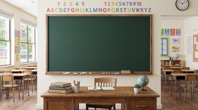 Empty Classroom With Chalkboard Desk And School Supplies.