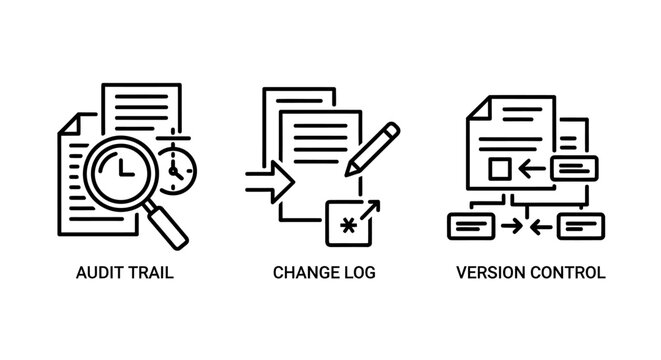 Data auditing and version control linear icon collection with documents management software development tracking business compliance modification revision security integrity reporting
