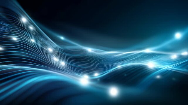 Blue luminous waves and light particles form a modern abstract backdrop, ideal for technology, science, and innovation themes. The flowing lines evoke digital communication and advanced networking