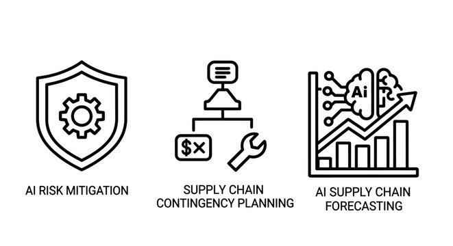 Ai risk mitigation supply chain contingency planning forecasting icon set mitigation contingency planning forecasting business artificial intelligence logistics management strategy