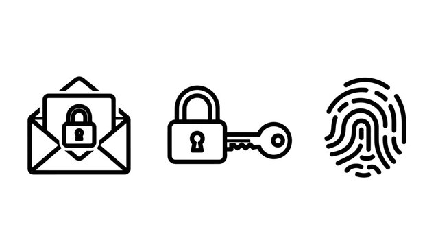 Secure email lock and fingerprint identification biometric icons set with fingerprint security biometric identification protection password authentication identity encryption communication
