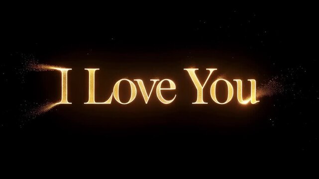 Glowing golden text reading I Love You emerging from dark smoke against a black background. Romantic message and confession concept