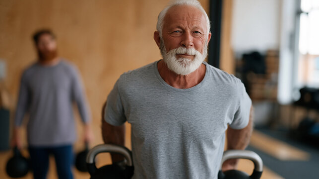 Senior male athlete in his late sixties performing a farmers carry with kettlebells across a gym floor, trainer observing from the side, functional movement for longevity visible