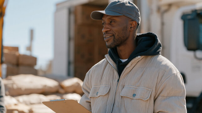School nutrition coordinator meets with a local food bank liaison at a loading dock where boxes of produce are unloaded for the free meal program, clipboard tallying donations