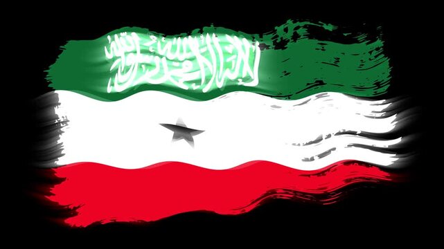 Waving torn Somaliland flag grunge brush burn light leaks, transparent background alpha channel loop full HD