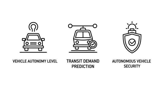 Autonomous vehicle technology icons set including autonomy level transit demand prediction security with self driving vehicle to everything autonomous technology transportation security advanced