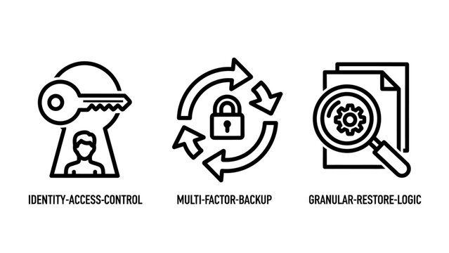 Corporate security and data protection icons representing identity access control multi-factor backup and granular restore logic with security identity protection cybersecurity password business