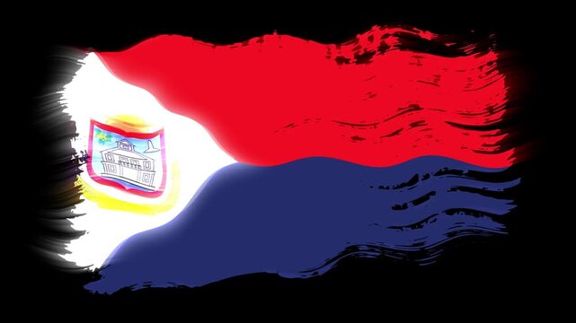 Waving torn Sint Maarten flag grunge brush burn light leaks, transparent background alpha channel loop full HD