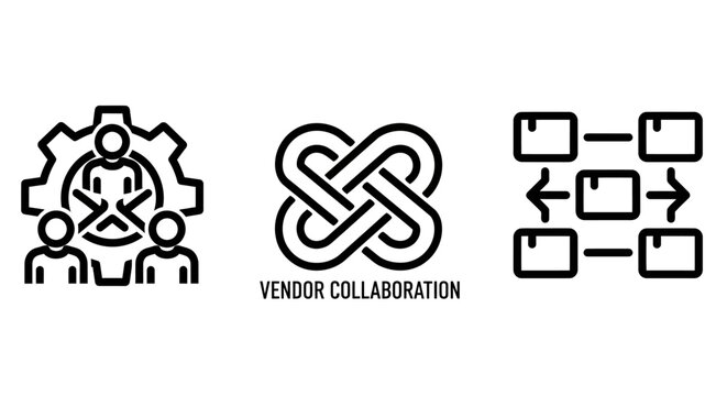 Vendor collaboration and workflow management icons featuring team gear and data distribution collaboration workflow management distribution business organization partnership cooperation