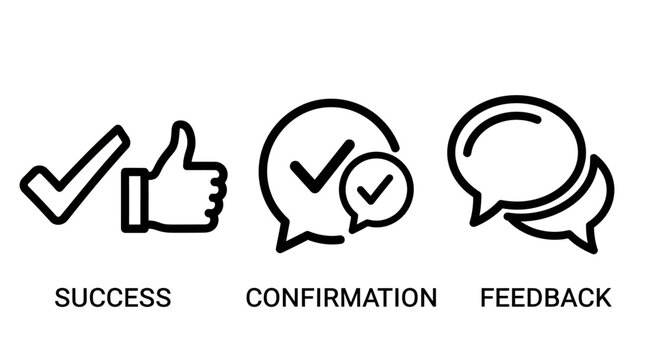 Set of business communication and feedback icons with thumbs up success symbol and speech bubbles confirmation feedback communication business agreement positive validation approved customer
