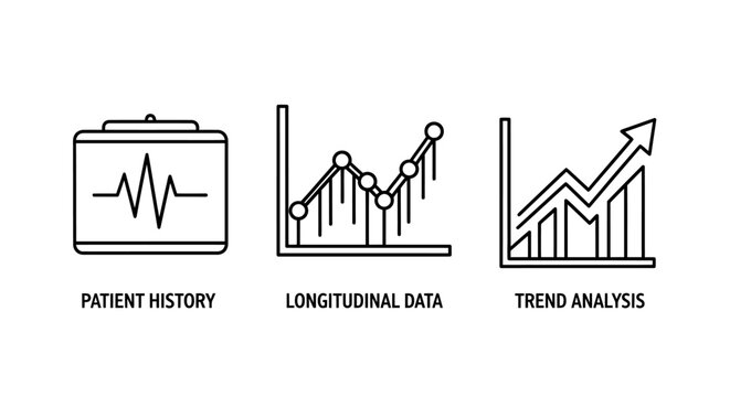 Data analytics and patient history linear icons set displaying trends and longitudinal medical records with analytics longitudinal information statistics analysis diagrams clinical business