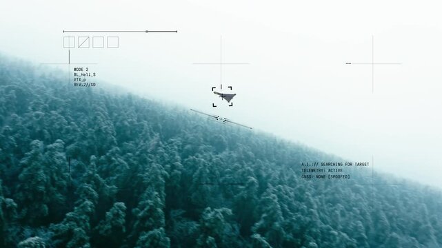 First-person view of drone interceptor tracking hostile UAV drone above forest