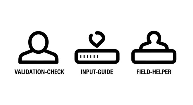 User validation check input guide and field helper UI interaction icons set with validation interface interaction authentication identity security verification assistance application software