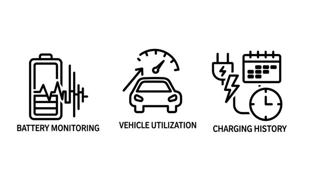 Battery monitoring vehicle utilization and charging history icons set with monitoring utilization charging electric calendar dashboard transport automotive management efficiency maintenance