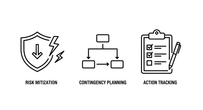 Business risk management icon set illustrating mitigation planning and action tracking with mitigation contingency planning tracking business management strategy compliance checklist workflow