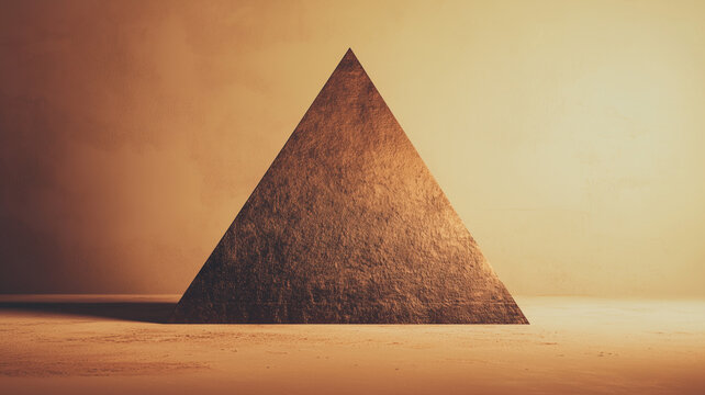 Minimalist textured stone pyramid standing on a flat surface in warm dramatic lighting
