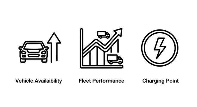 Logistics icons for vehicle availability fleet performance and charging point with logistics transport availability performance charging electric business management transportation operations