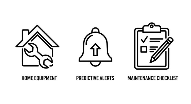 Home maintenance and property repair service management icons with maintenance checklist property equipment facility improvement management predictive inspection building handyman technical