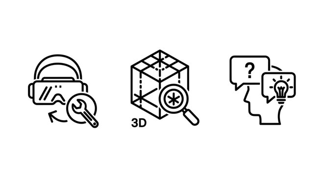 Virtual reality tech icons with vr headset configuration 3D object analysis human insight discovery technology analysis magnifying configuration geometry question lightbulb innovation